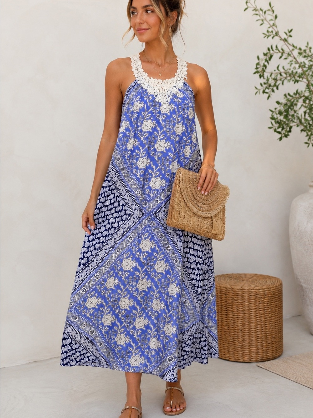 Entro Blue & Cream Floral Maxi Dress with Crochet Detail Size M